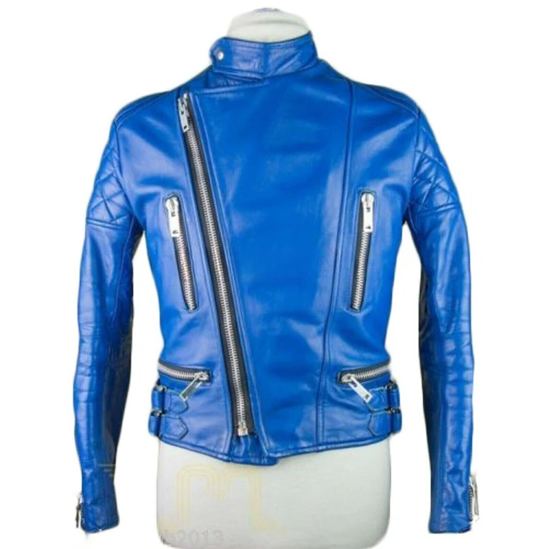 

Men's 100% Blue Designer Genuine Lambskin Leather Jacket Biker Quilted Zipped Up