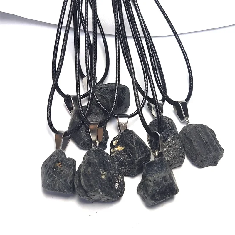 Natural Irregular Tourmaline Pendant Black Quartz Charms with Free Rope Chain Necklace Energy Stone Healing Meditation Yoga Gift