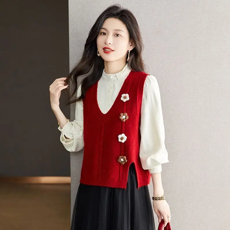 

Женские свитера, пуловеры, новый трикотаж, элегантная одежда, модный жилет 2025 года, гладкие топы, вязаные жилеты с цветами для женщин