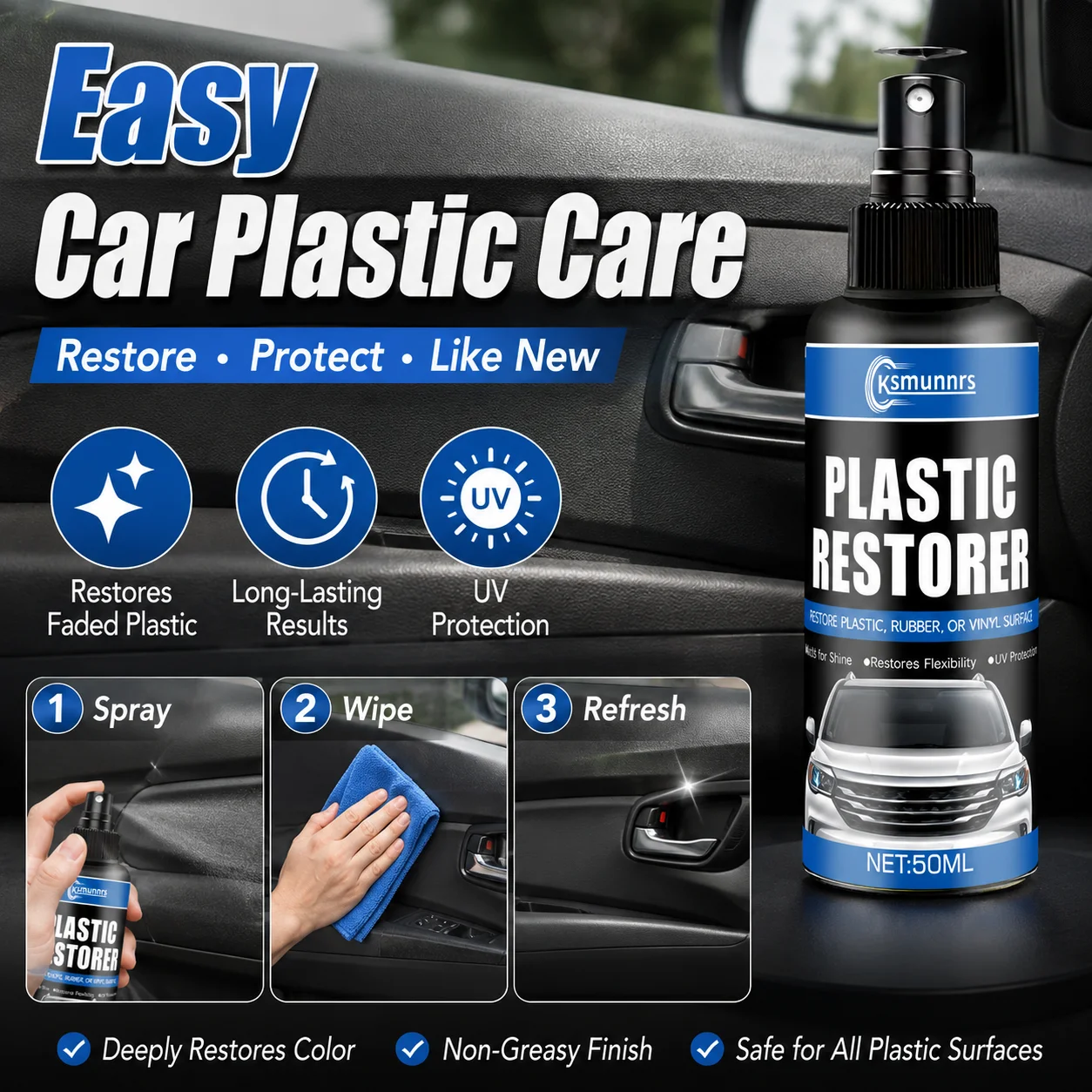 Car interior renovation spray, long-lasting hydrophobic scratch resistant coating, instrument panel center console maintenance,
