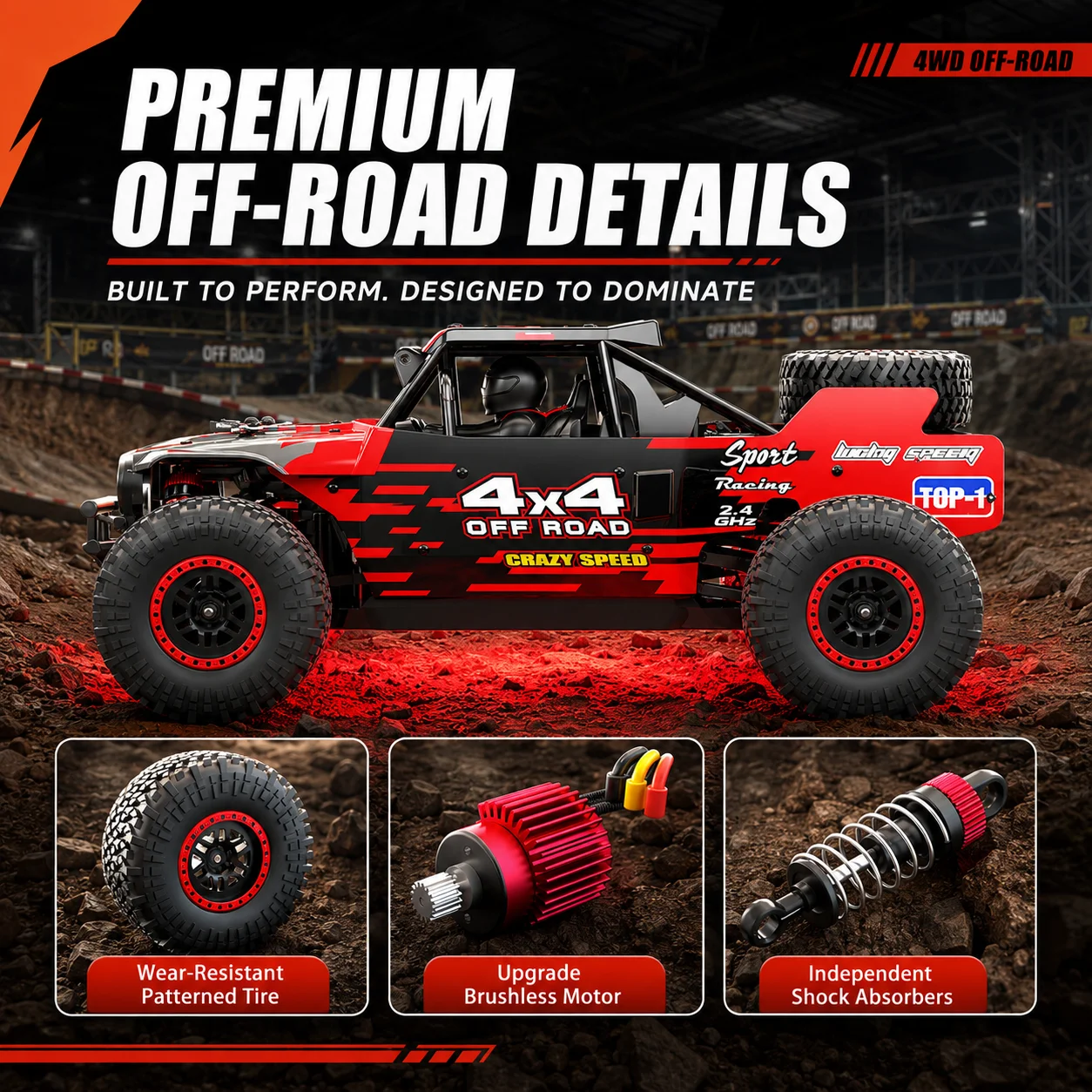 55 km/h Carbon-Brushless 4WD LED Spotlight Full-Scale High-Speed RC Off-Road Climbing Car with Interference Resistance and Large-Capacity Lithium Battery