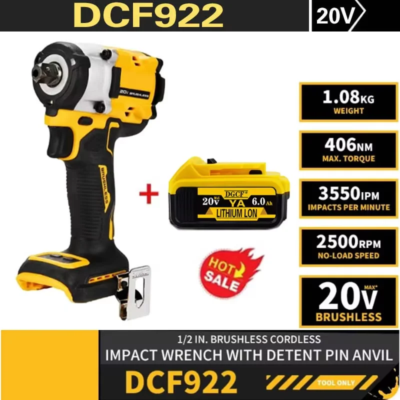 

For Dewalt DCF922 Wireless Impact Wrench Rechargeable High Torque 205Nm(Reverse) 1/2" 2500 PRM Universal 20V Battery Power Tools