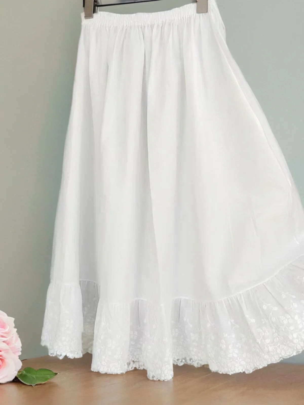 

Ladies Cotton f-length Base Skirt with Embroidered Lace Innermost Layer High-waist A-line Midi Pure-color Summer Faion