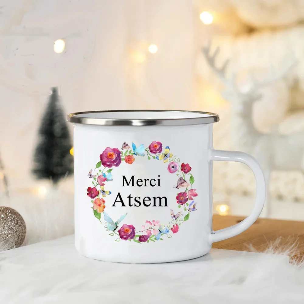 Drink Juice Coffee Mug Merci Atsem In France Enamel Mugs Teacher's Day Dessert Cocoa Milk Handle Mug Festive Birthday Gifts