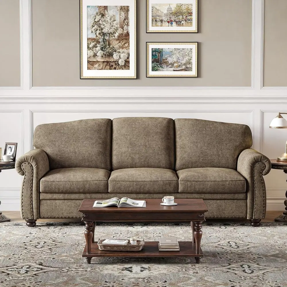 90 أريكة شانيل 3 مقاعد مع 23 مقعدًا عميقًا، أذرع ملفوفة، أرجل خشبية، طراز تقليدي، بني