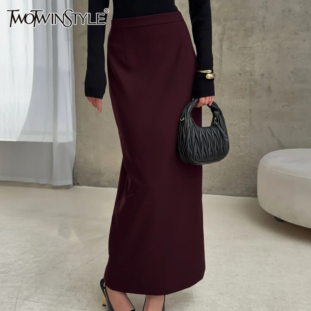 

TWOTWINSTYLE Solid Color Office Lady Skirt for Women High Waist Pathwork Split Slimming Temperament Long Skirts Female Autumn