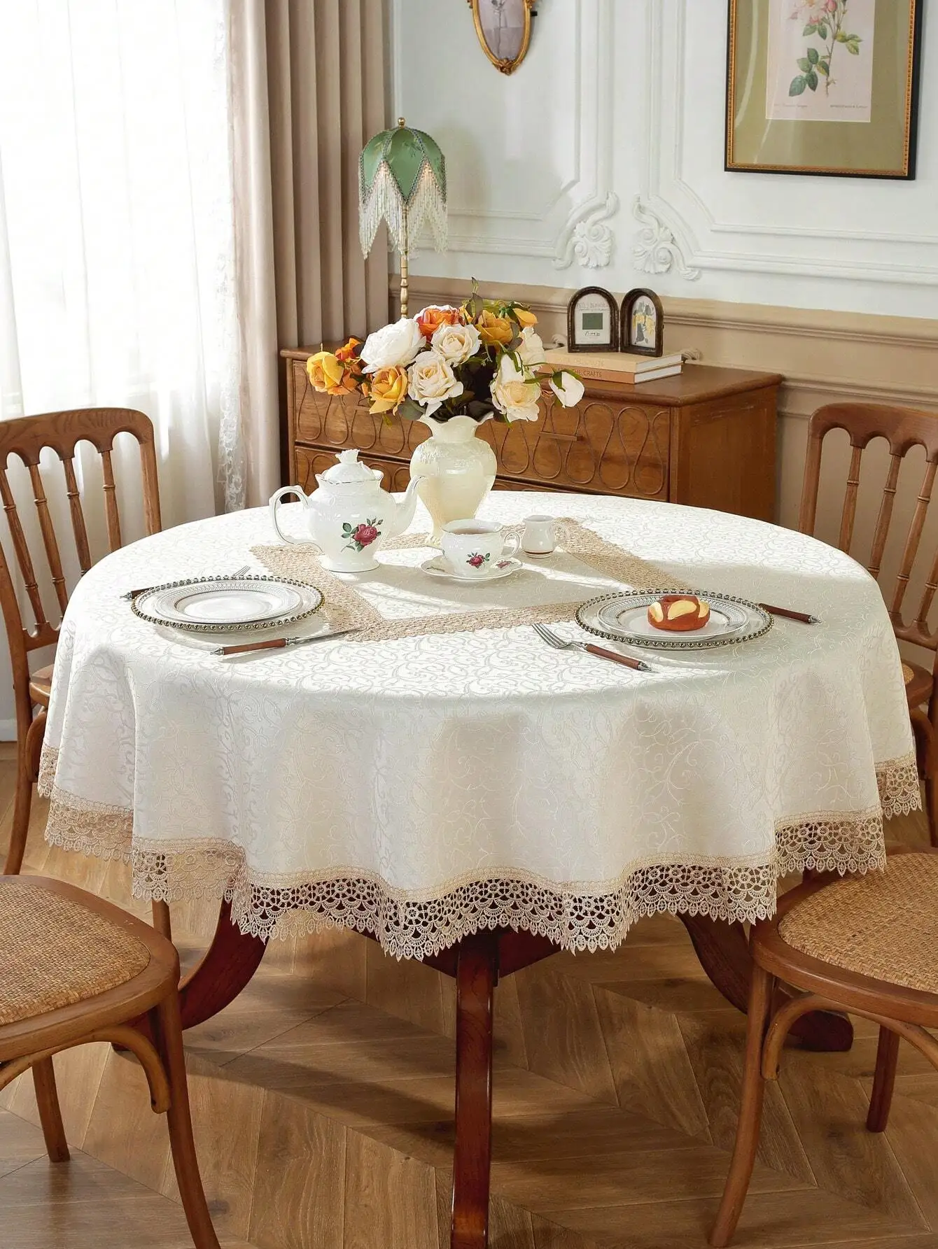 

Скатерть круглая из 100% полиэстера с кружевной отделкой для столовой, домашнего декора, свадьбы, пикника