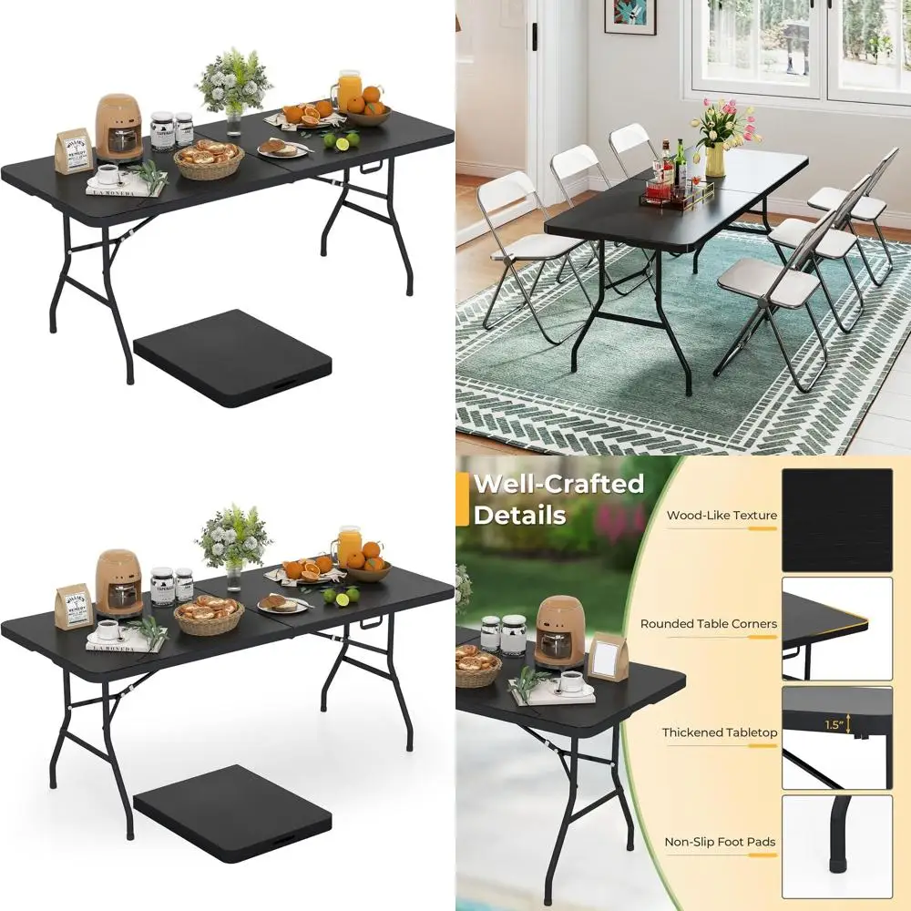 

Portable Heavy-Duty 6ft Plastic Folding Table with Handle for Outdoor and Indoor Use, Ideal for Picnics, Parties, Dining, Campin