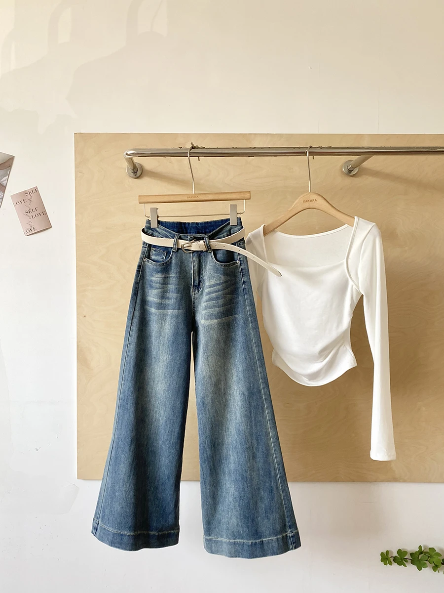 

Весна 2026: Модные женские джинсы с высокой талией, свободного кроя, микро-клеш, в корейском стиле, из полиэфирного волокна, с эффектом потертости