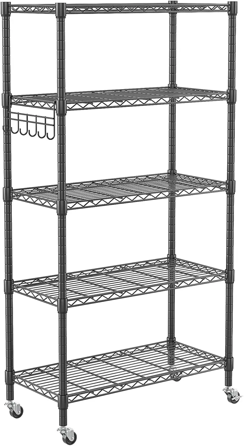 

5 Tier Metal Storage Shelves With Wheels, Heavy Duty Wire Shelving Unit, Adjustable Storage Ras With Side Hooks For Bathroom