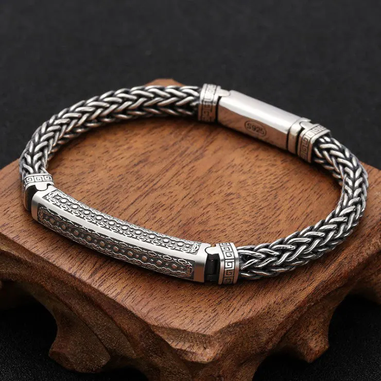 

S925 Silver Hand Knitted Safety Pattern Bracelet Personalized Men's Fashion Retro Thai Silver Popular Knitted Handsome Bracelet