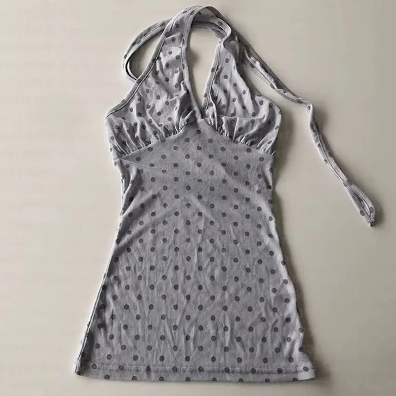 Y2K K-pop V neck Suspender Summer Women Harajuku Party Camisole Japan Korea Sexy Polka Dot Printed Translucent Hanging Neck Vest