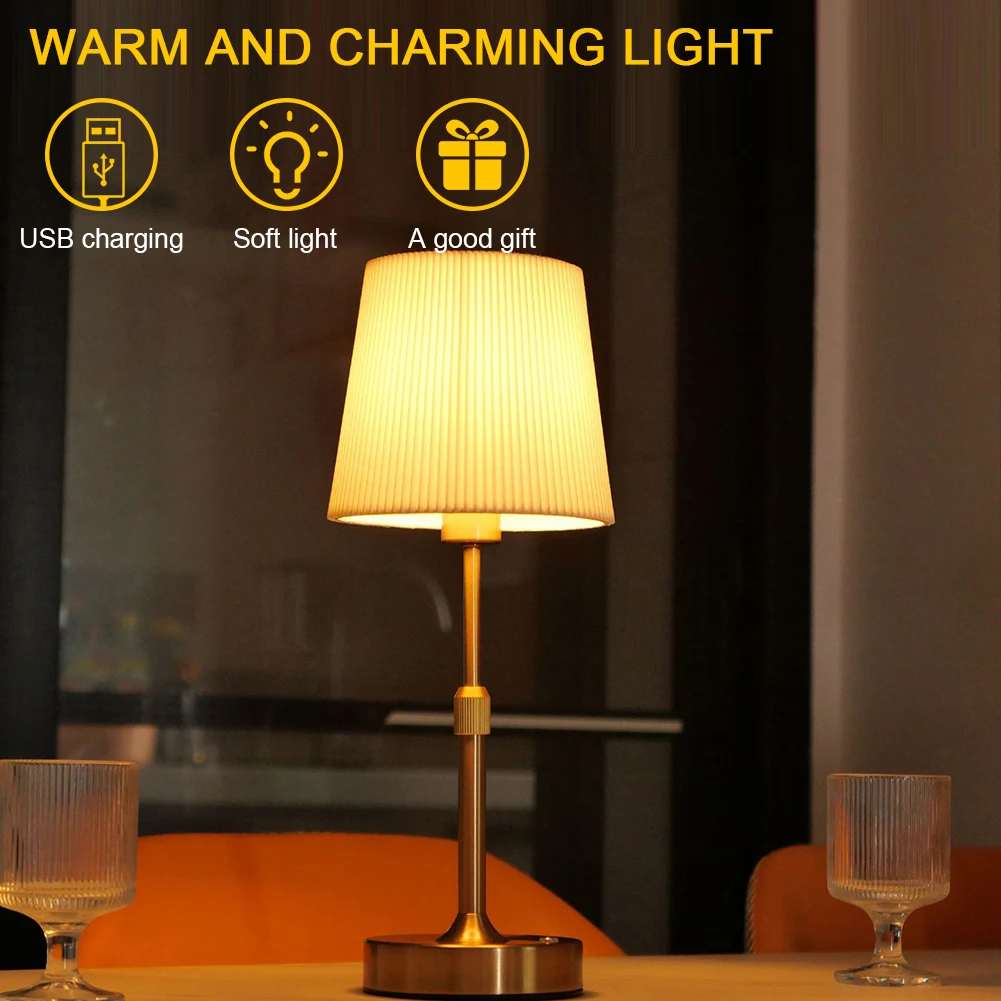 Cordless LED Metal Table Lamp USB Rechargeable Touch Control Portable Fabric Shade Desk Lamp Pleated Decorative Atmosphere Light