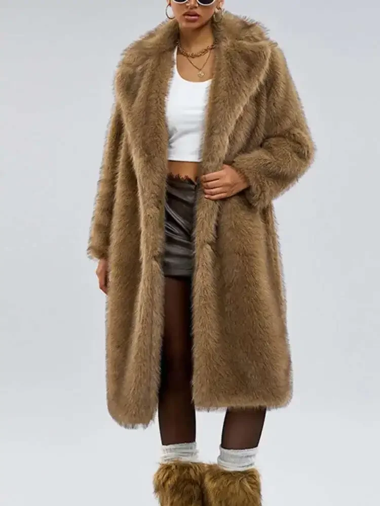 Fashion Faux Fur Coat European Style Lapel All Match Covered Button Loose Casual Long Women's Coats 2025 New Winter