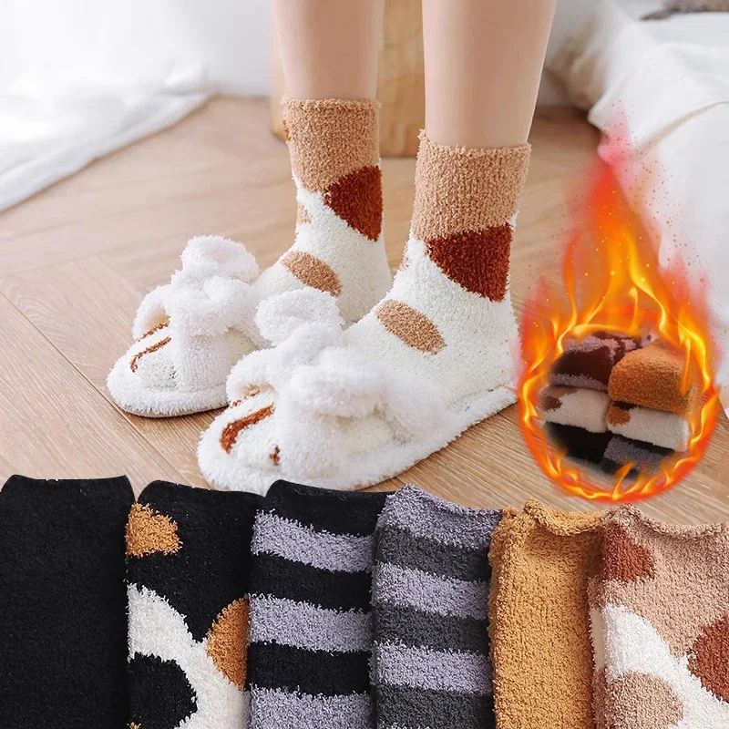 Kawaii Cartoon Cat Paw Socks for Women Cute Cat Paw Pattern Female Fleece Warm Funny Animal Dot Socks Home Floor Sleeping Sock