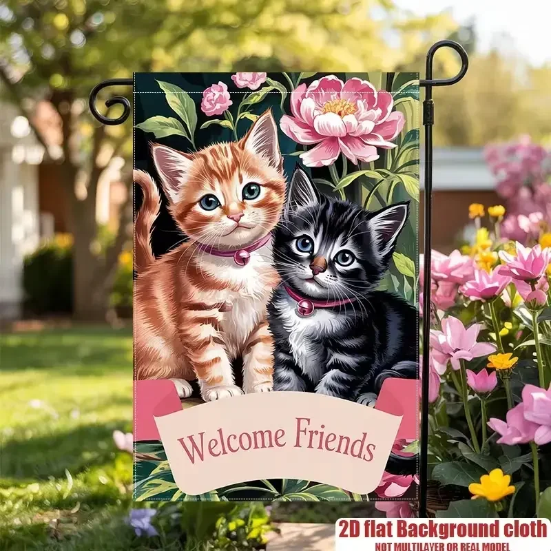 Welcome Friends Kitten Garden Flag, Cute Floral Cat Outdoor Flag, 12x18in Spring Flower Pet Themed Home Festive Decor