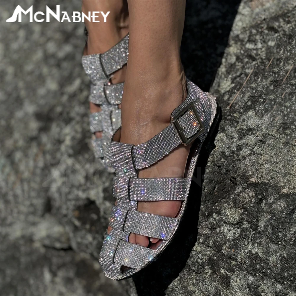 Luxury Silver Full Rhinestone Flat Sandals Round Toe Braided Crystal Buckle Gladiator Ankle Buckle Fashion Style Handmade Sandal