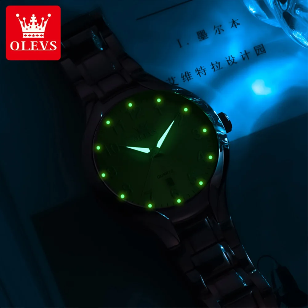 OLEVS 3650 Orologi da coppia Orologi al quarzo luminosi impermeabili Orologi con data in acciaio inossidabile per coppia Confezione regalo di moda originale