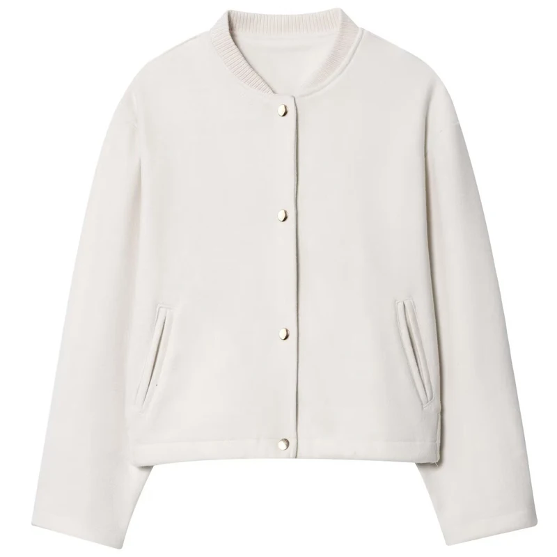 HXAO Bijgesneden beige jas Damesbomberjack Demi-seizoen Mode O-hals Knoop Lange mouw Jassen Chique Elegant Zacht Bovenkleding