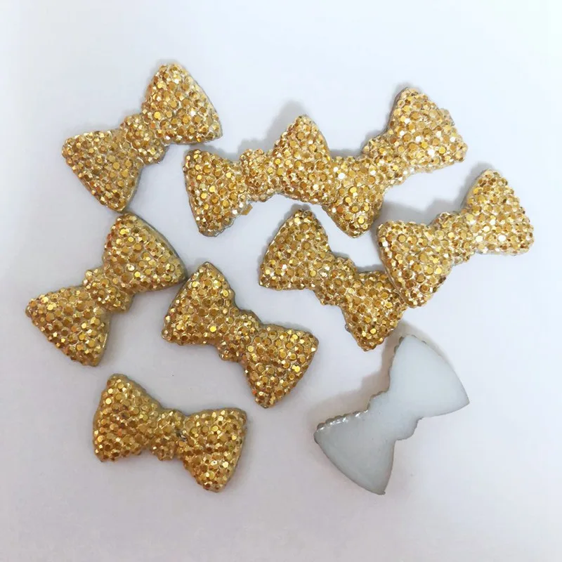 DIY 20pcs 12mm*20mm AB Resin Gold Bow Flatback Rhinestone Wedding Buttons Craft F277