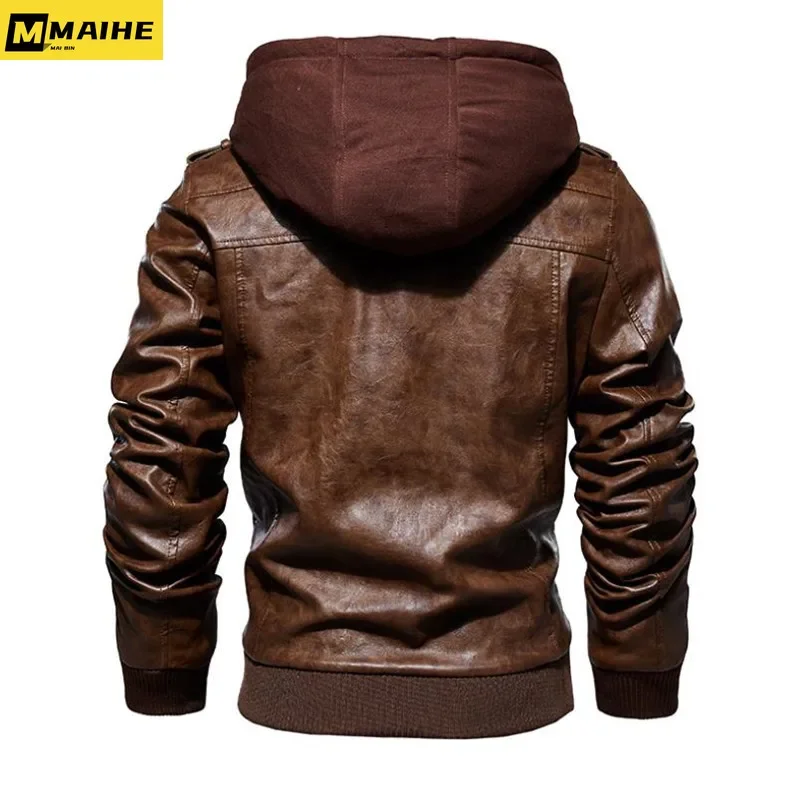 Winter High Quality Men\'s Leather Jacket Motorcycle Hooded Jacket Male Warm Casual PU leather Coat Fleece Men\'s Coats Clothing