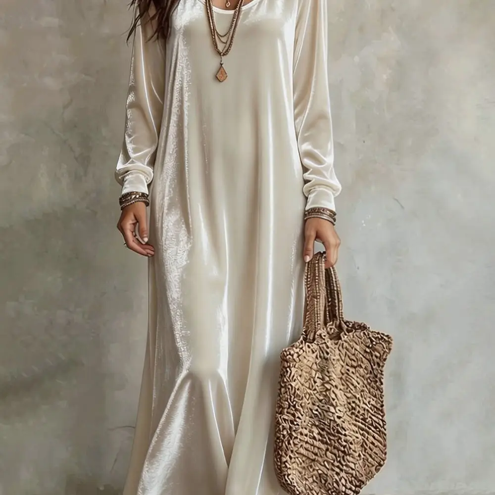 Womens Velvet Maxi Dress Elegant Slim Fit Long Sleeve Casual Vintage Style Round Neck Solid Color Autumn Winter Wear