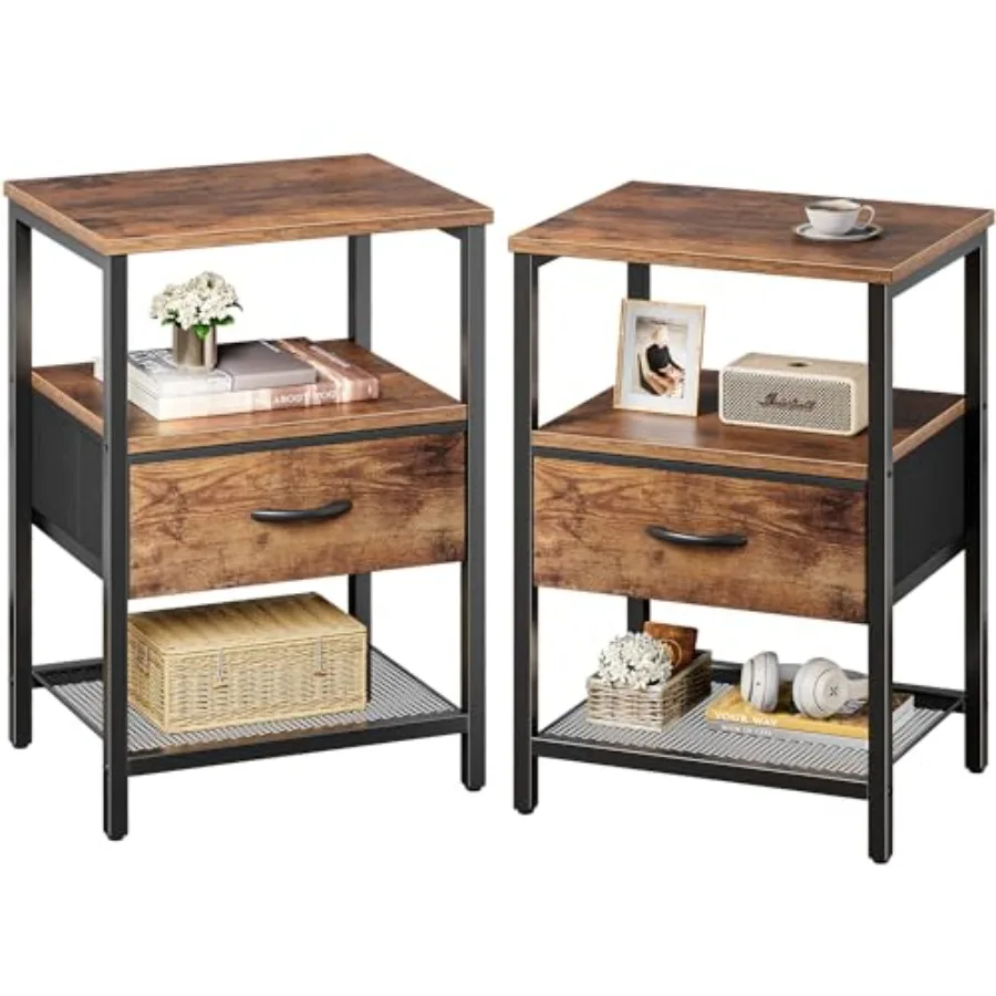 

Nightstand Set of 2 Night Stand with Fabric Drawer Mesh Shelf Side Table with Storage Fabric Drawer Dresser Open Shelf Metal Fr