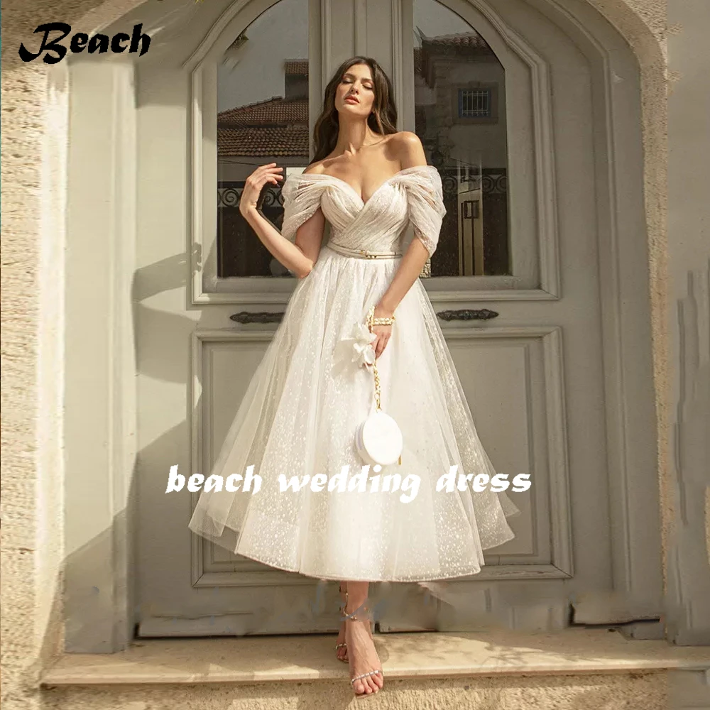 BEACH Bling Glittter Boho Wedding Dresses For Women Off Shoulder Sweetheaart Net Tulle Beach Tea Length Bridal Gowns Lace Up