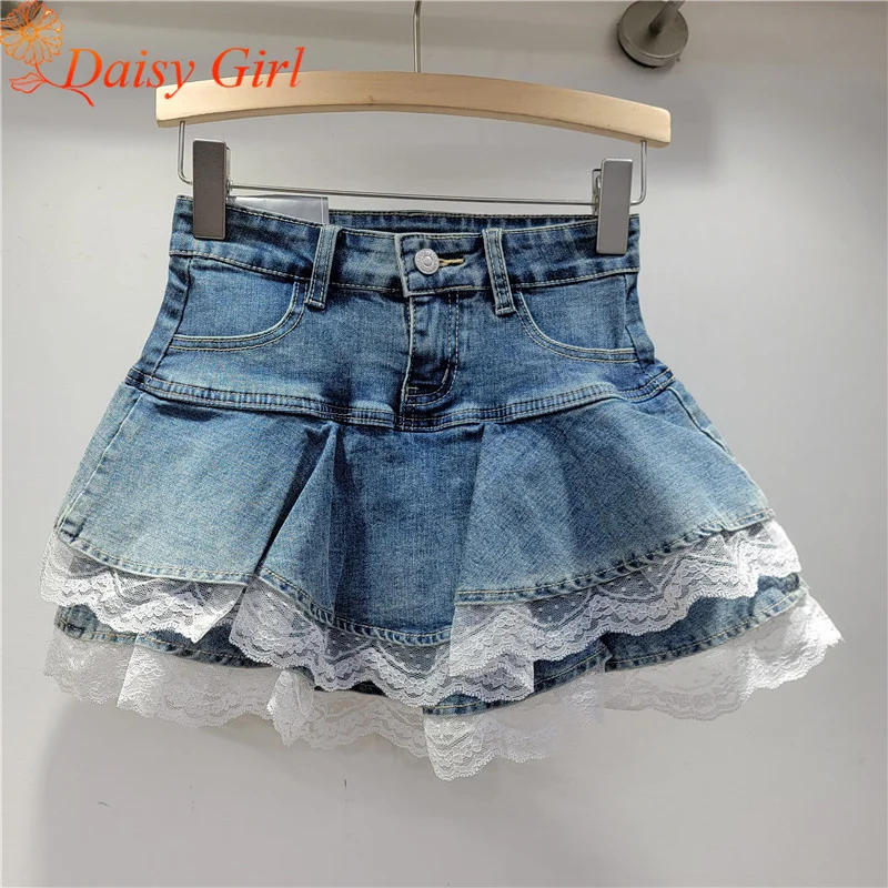 Sambungan Denim Elastis Baru ​ ​ Rok Bengkak Rok Kue Renda Multi Lapis Gadis Seksi Pinggang Tinggi Rok Mini Manis dan Serbaguna