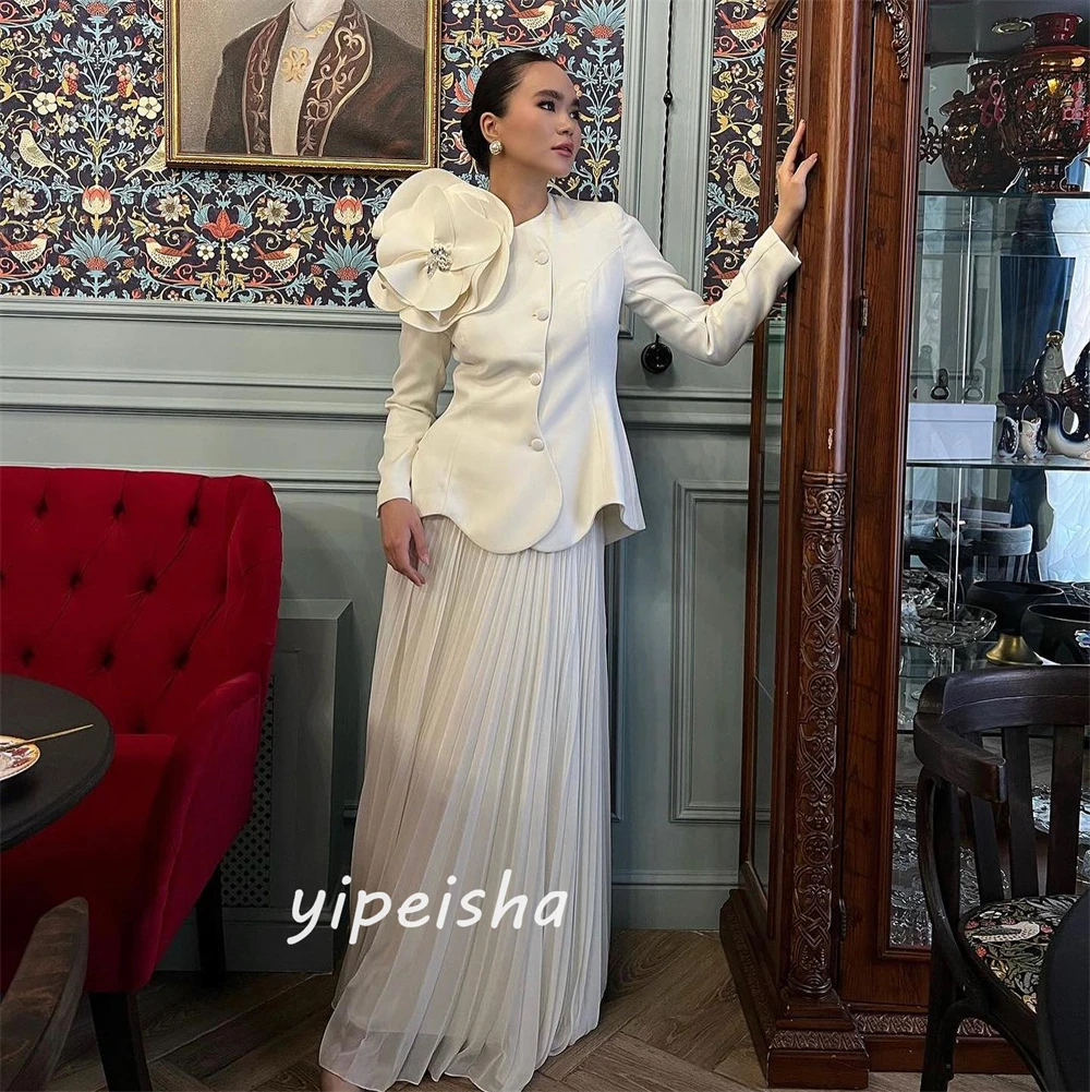 Vestido drapeado de flores con botones de satén para graduación, línea A, cuello redondo, a medida, vestidos de manga larga para ocasiones