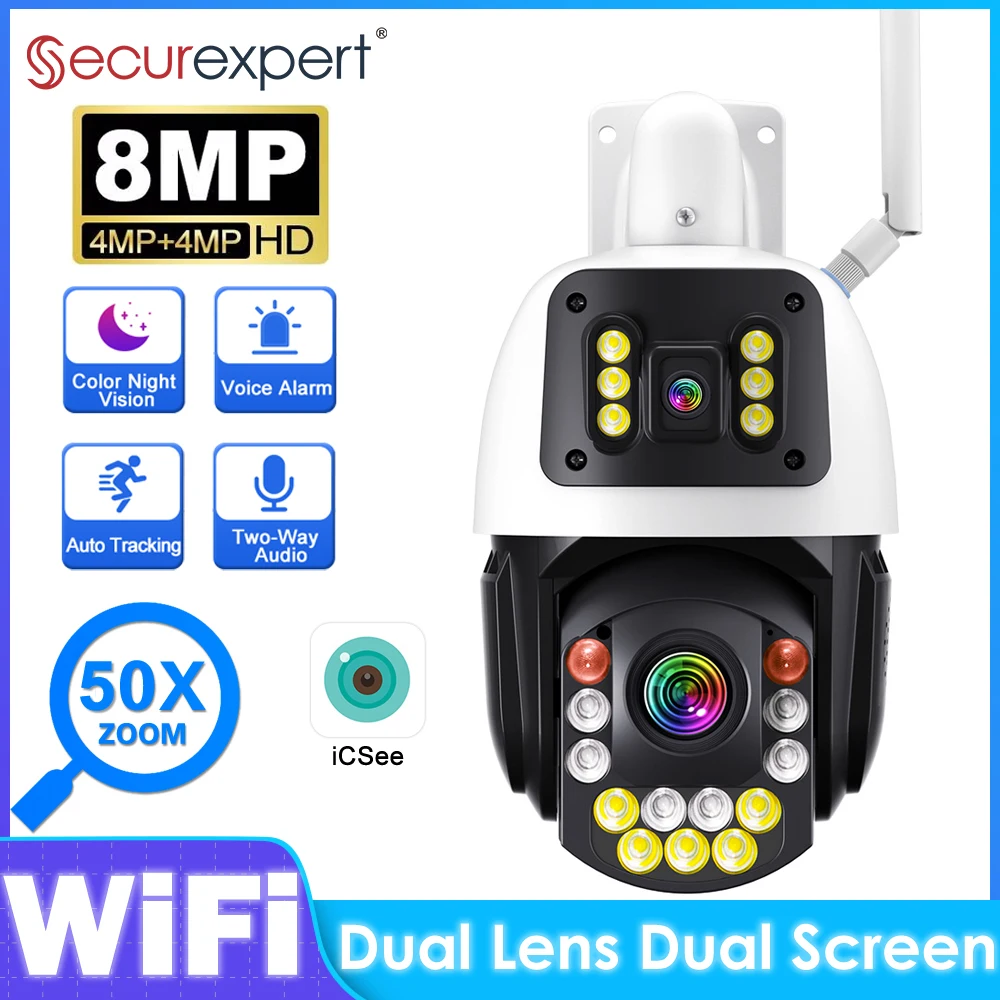 

8MP 4K HD 50X Zoom Wifi PTZ Camera Outdoor Dual Lens Dual Screen AI Auto Tracking Color Night Vision IP Security Camera iCSee