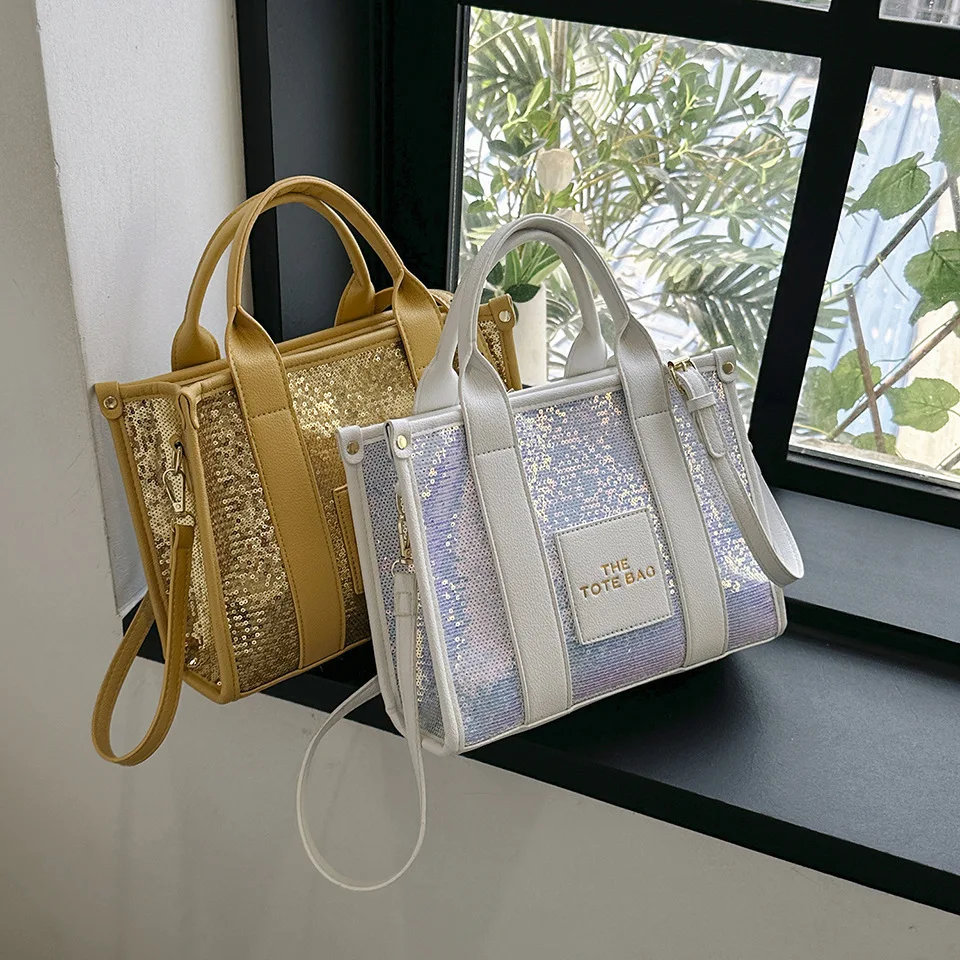 

Tote Bag PU Leather Sequins Top-Handle Bags Casual Fashion Shiny Portable Adjustable Straps Shopper Tote Purse