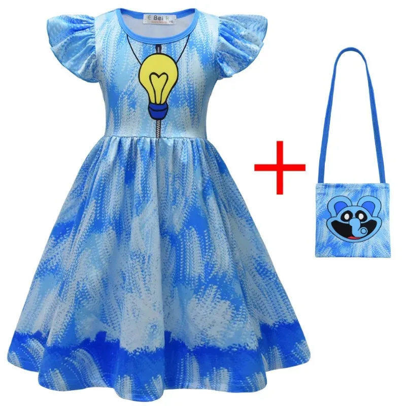Kids Cartoon Smiling Critters Baby Girl Dresses Kids Catnap Dogday Clothes Cosplay Costume Children Fly Sleeve Casual Dress Bag
