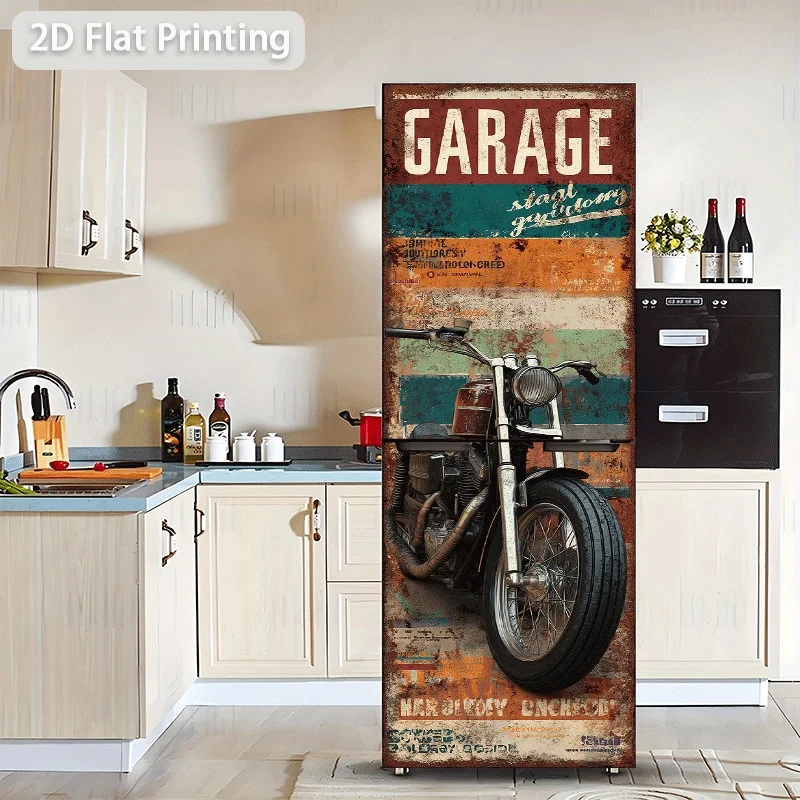 Refrigerator Sticker Measuring  Garage Themed, Start Your Journey with a Vintage Motorcycle Poster, Self-Adhesive Wall Decorat