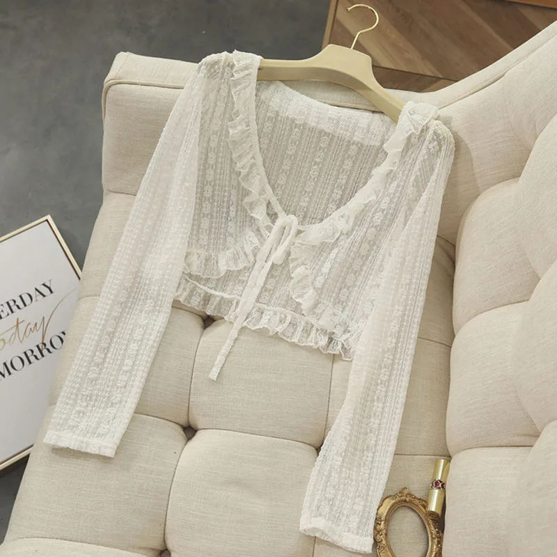 

Xpqbb Women Summer Sun Protection Cardigan Sweet Lace Bow Ruffles Thin Shirt Female Korean Chic V-neck Long Sleeve Cropped Tops