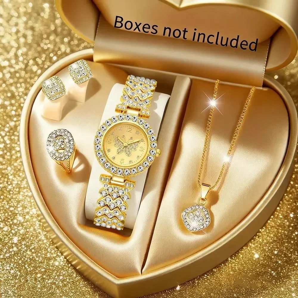 5PCS Luxury Rhinestone Butterfly Dial Women's Quartz Watch Elegant Ladies Bracelet Wristwatch Jewelry Set
