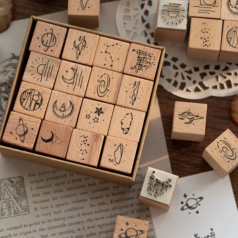 16Pcs/Lot Vintage Planet Moon Cloud Decoration Stamp Wooden Rubber Stamps For Scrapbooking Stationery DIY Craft Standard Stamp