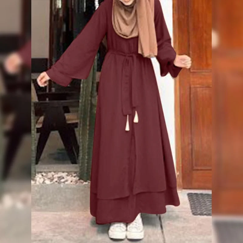 Muslim Fashion Literary Vintage Casual Loose Round Neck Belted Dress