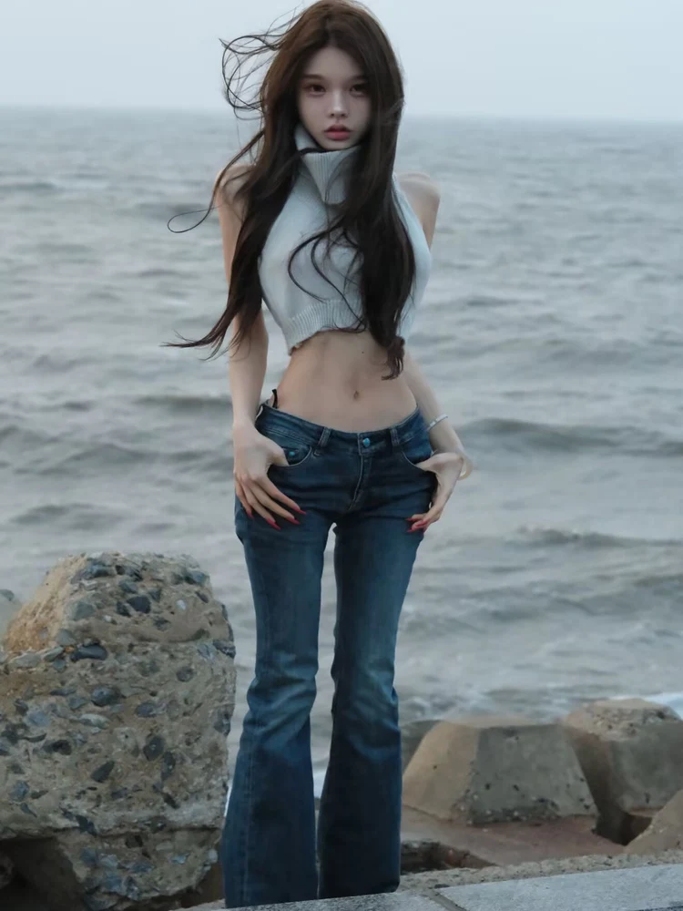 

Low Waist Women's Bell Bot Denim Jeans Retro Vertical Stripes Elastic Slim Fit Floor Length Pants Vintage Versatile