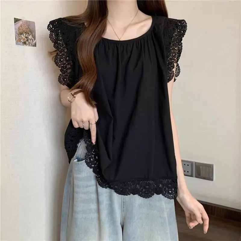 

Casual Lace Flying Sleeve Blouse Women's Clothing Sweet Solid Color Summer Basic Sleeveless French Style Spliced Loose Shirts