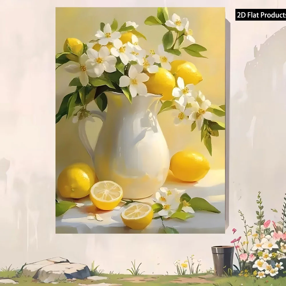 1pc, Frameless Canvas Painting, Multiple Specifications Available, Featuring White Flowers & Lemons Scene, Bright Cheerful Fr