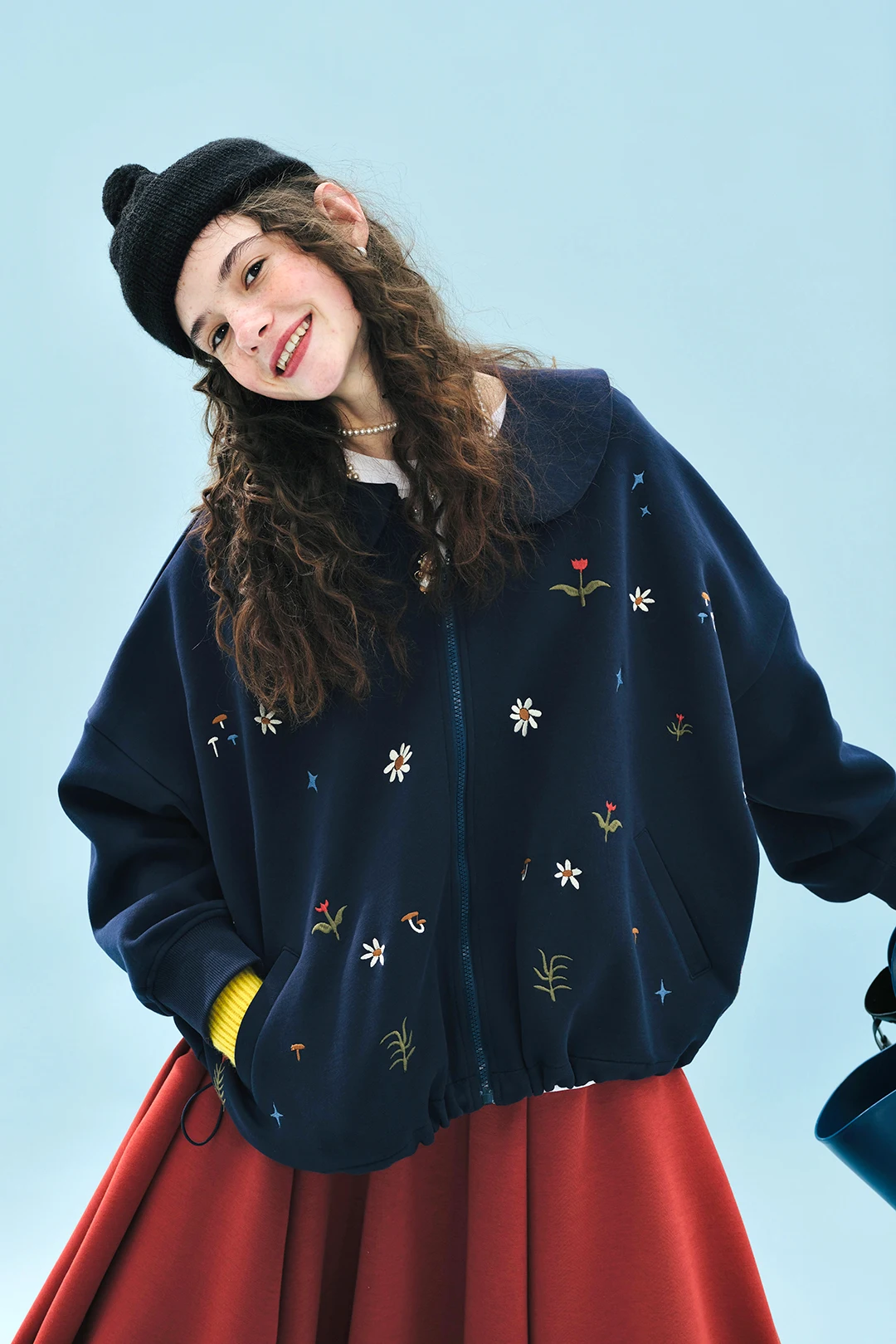 Women's Navy Blue Floral - Embroidered Collared Sweatshirt Outdoor Outings Sweet and Eye - Catching 255223