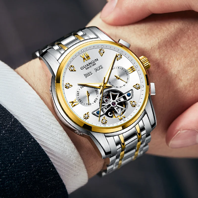 GUANQIN Роскошные мужские автоматические механические часы с многофункциональным циферблатом для бизнеса и отдыха 50 м водонепроницаемые светящиеся часы для мужчин