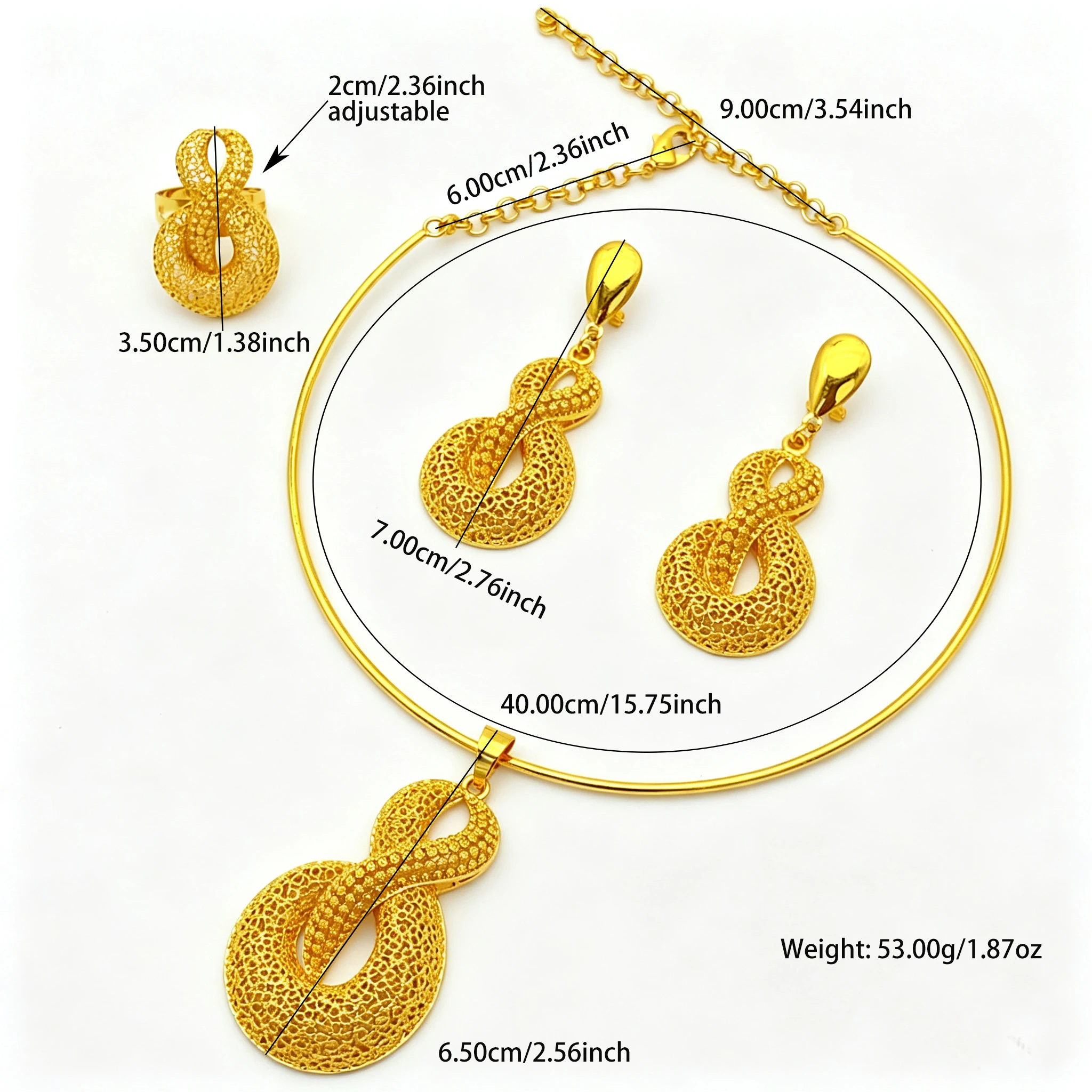 Luxuriöse Dubai Brautschmuck-Sets mit Halskette und Ohrringen für Frauen, nigerianisches 24k Goldfarben-Anhänger-Set, Hochzeitsgeschenke – Detail 5