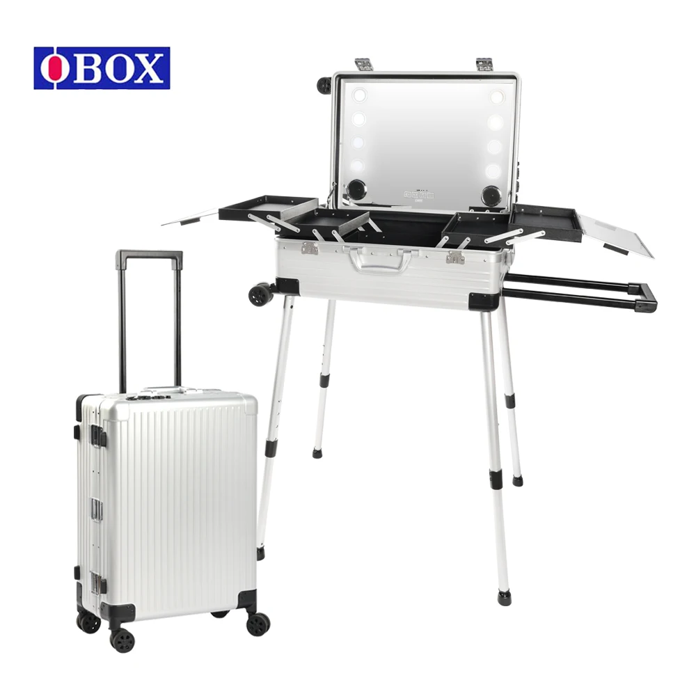 OBox 24-Inch Makeup Vanity Case LED Mirror Whole Colored Retractable Stand Hot Sale Hair Salon Tool Organizer PC Material Lady