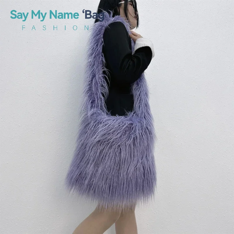 

2026 New Women's Long Plush Shoulder Bags Y2k Hot Girls Faux Fur Drawstring Bucket Bag Fashion Female Furry Purse Tote Handbags