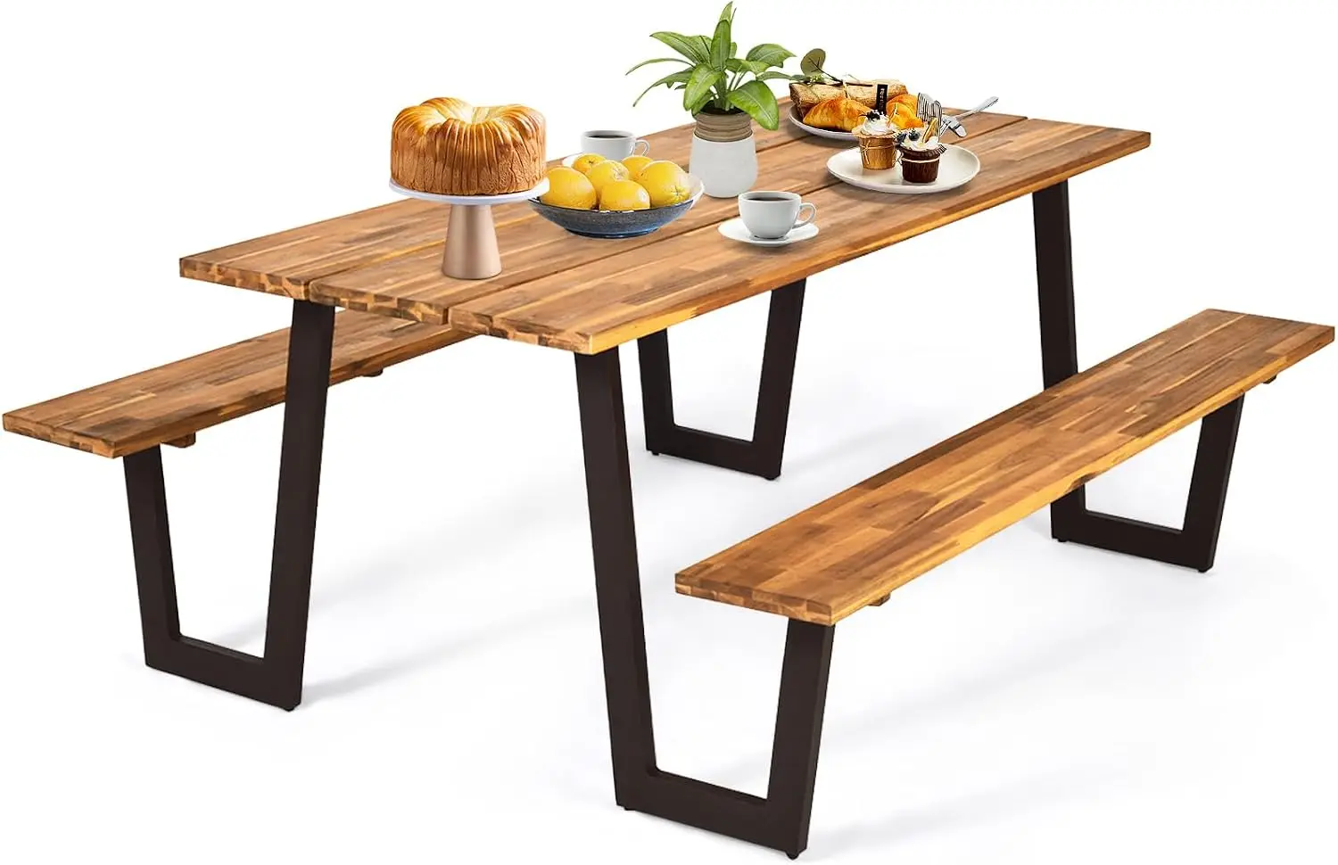 Acacia Wood Picnic Dining Table, Outdoor Meal Desk Patio Backyard Garden Lawn Furniture, Umbrella Hole Slatted Tabletop Weather Resistant, Modern Rustic Style, Natural Wood, Single Unit