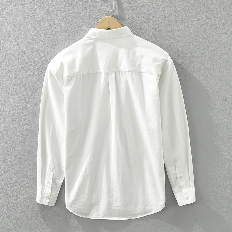 2024 Spring New 100% Cotton Simple Long Sleeve Shirts for Men Clothing Solid Color Loose Soft White Shirt CM6927