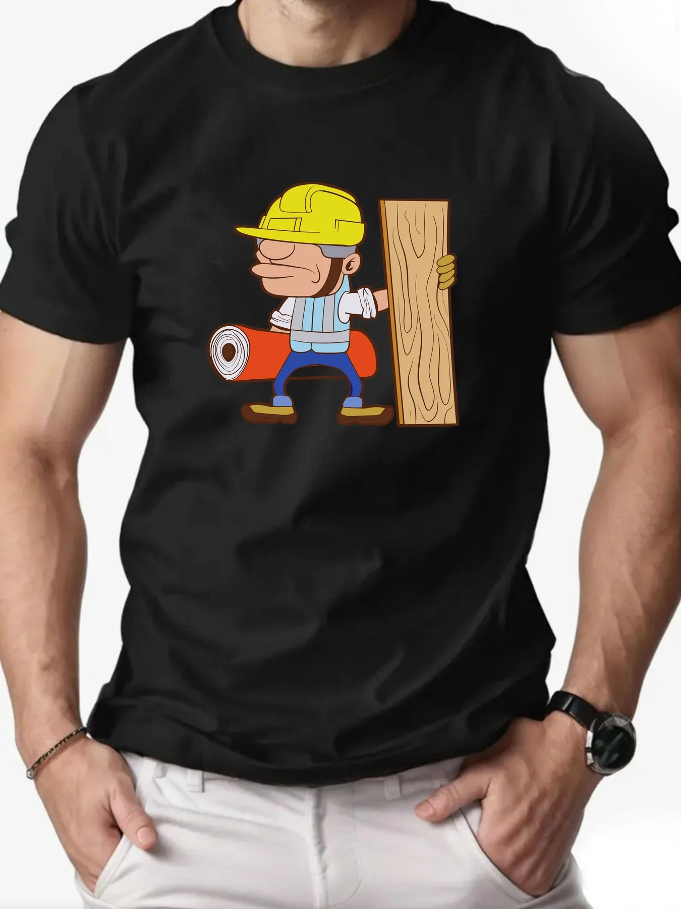 Men's Cartoon Construction Worker T Shirt Casual Cotton Short Sleeve Graphic Tee for Carpenter Builders