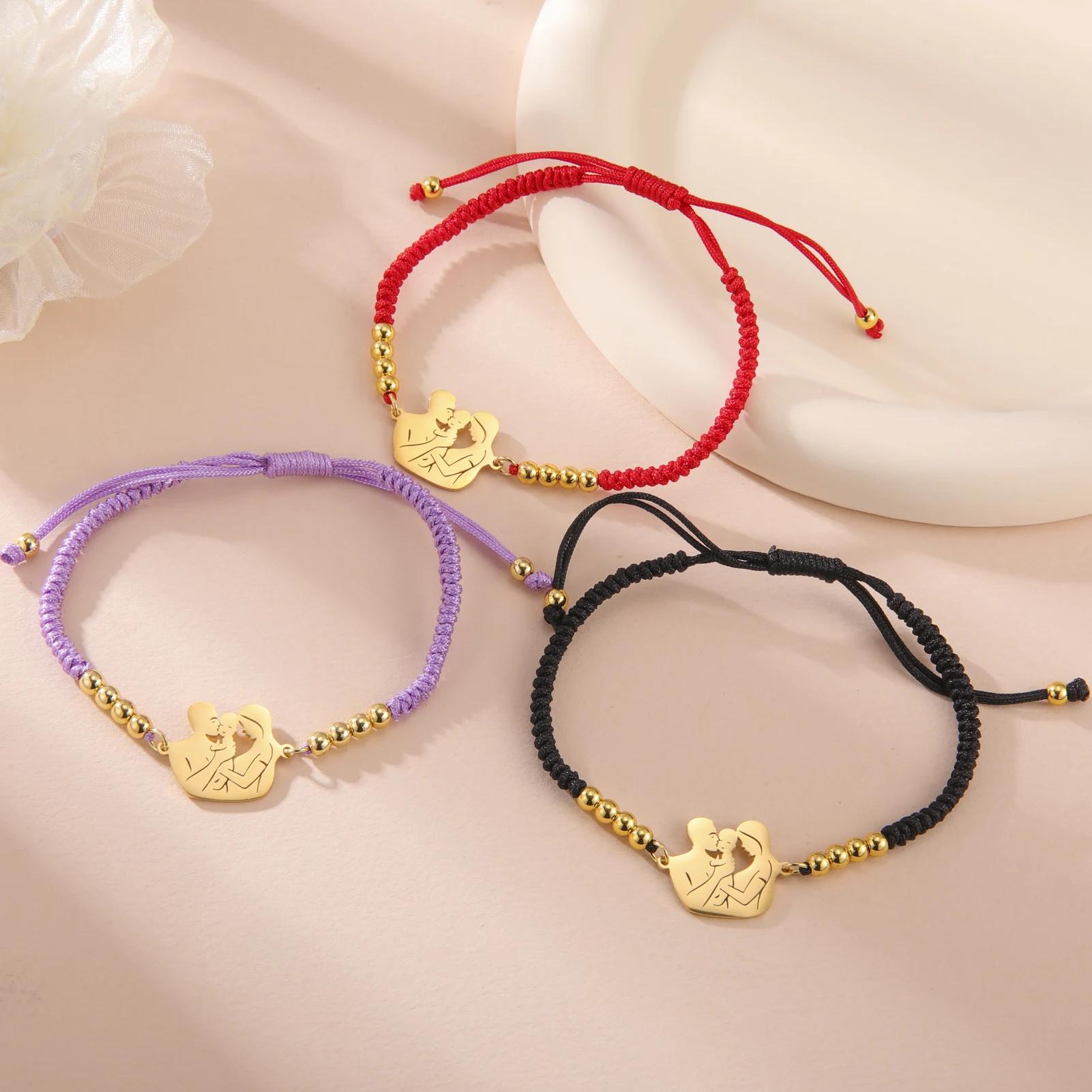 Pulsera de acero inoxidable de Color dorado para mamá y bebé, pulseras de cuerda roja y negra, joyería de moda para mujer, regalo del día de la madre